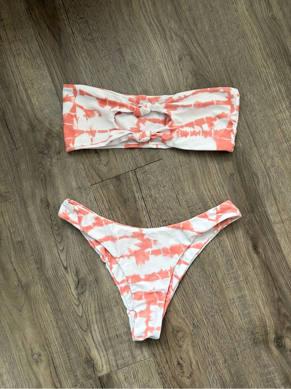 SHEIN Coral and White Tie-Dye Bandeau Bikini